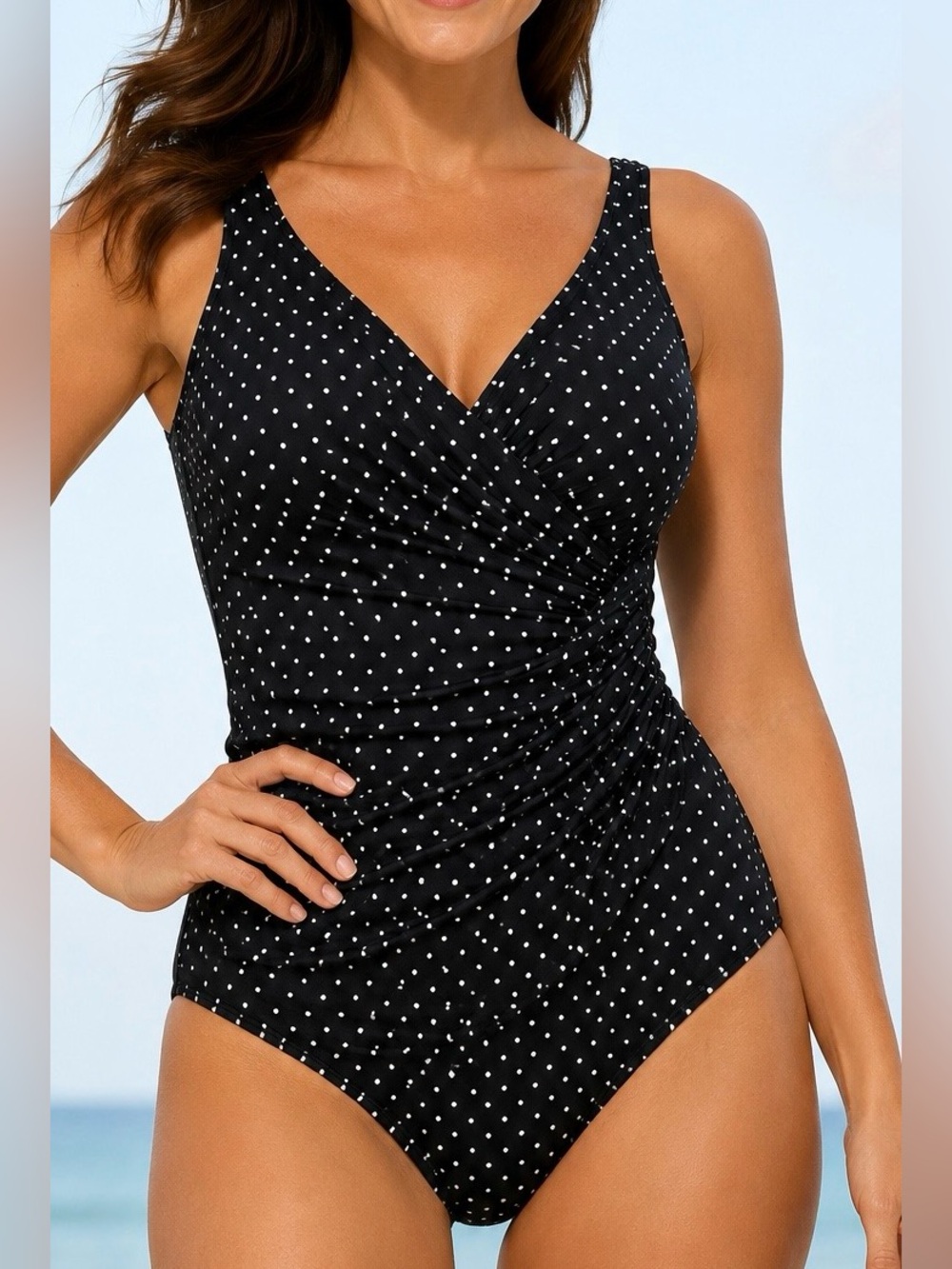 Miraclesuit Polka Dot Ruched Tummy Control One Piece Swimsuit Size 12 EUC